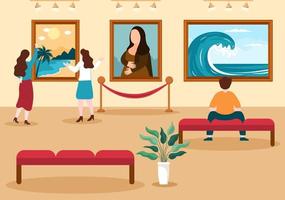 Art Gallery Museum Cartoon Illustration with Exhibition, Culture, Sculpture, Painting and Some People to See it in Flat Style Design vector