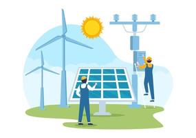 Solar Energy Installation, Panel or Wind Turbine Maintenance with Home Service Team For Electricity Network Operation in Cartoon Illustration vector