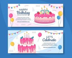 Happy Birthday Party Horizontal Banner Template Flat Cartoon Background Vector Illustration