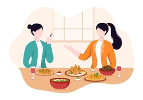 Indian Food Cartoon Illustration with Various Collections of Delicious Traditional Cuisine and Some People Eating it in a Restaurant vector