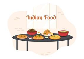 ilustración de dibujos animados de comida india con varias colecciones de deliciosos platos de cocina tradicional en un diseño de estilo plano vector