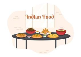 Indian Food Cartoon Illustration with Various Collection of Delicious Traditional Cuisine Dishes in Flat Style Design vector