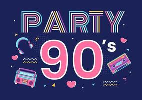 90s Retro Party Cartoon Background Illustration with Nineties Music, Sneakers, Radio, Dance Time and Tape Cassette in Trendy Flat Style Design vector