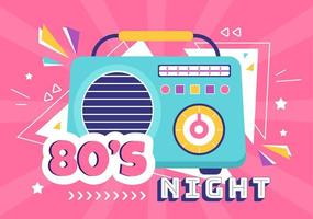 80s Party Cartoon Background Illustration with Retro Music, 1980 Radio Cassette Player and Disco in Old Style Design vector