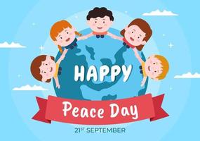 International Peace Day Cartoon Illustration with Hands, Cute Children, Globe and Blue Sky to Create Prosperous in the World in Flat Style Design