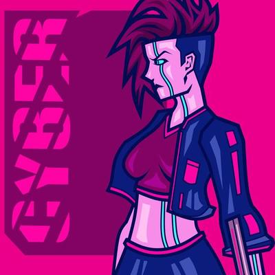 Gun woman cyberpunk logo line pop art portrait fiction colorful design with dark background. Abstract vector illustration.