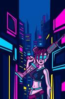 Gun woman cyberpunk logo line pop art portrait fiction colorful design with dark background. Abstract vector illustration.