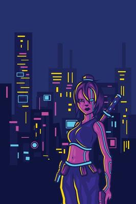 Samurai woman cyberpunk logo line pop art portrait fiction colorful design with dark background. Abstract vector illustration.