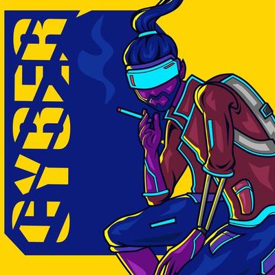 Smoking man cyberpunk logo line pop art portrait fiction colorful design with dark background. Abstract vector illustration.
