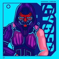 Samurai man wear gun cyberpunk art style. Colorful fiction design with dark background. Abstract vector illustration.
