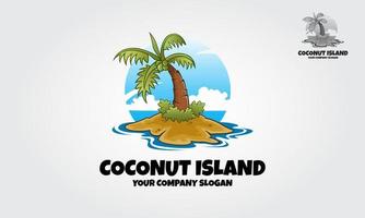 Coconut island vector logo template. Water ocean waves with sun, palm tree and beach, for restaurant and hotel.