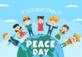 International Peace Day Cartoon Illustration with Hands, Cute Children, Globe and Blue Sky to Create Prosperous in the World in Flat Style Design
