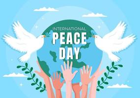 International Peace Day Cartoon Illustration with Hands, Pigeon, Globe and Blue Sky to Create Prosperous in the World in Flat Style Design vector