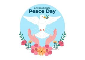 International Peace Day Cartoon Illustration with Hands, Pigeon, Globe and Blue Sky to Create Prosperous in the World in Flat Style Design vector