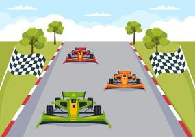 Fórmula de carreras de autos deportivos alcanzan en el circuito de carreras la ilustración de dibujos animados de la línea de meta para ganar el campeonato en un diseño de estilo plano vector