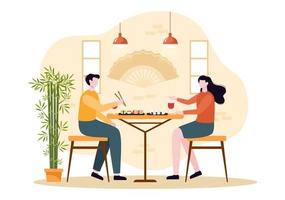 People Eating Japanese Food in the Restaurant with Various Delicious Dishes such as Sushi on a Plate, Sashimi roll and Other in Flat Style Cartoon Illustration