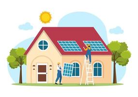 instalación de energía solar, mantenimiento de paneles o turbinas eólicas con equipo de servicio a domicilio para el funcionamiento de la red eléctrica en la ilustración de dibujos animados