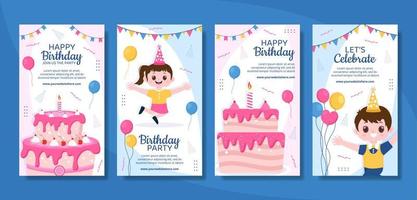 Happy Birthday Party Social Media Stories Template Flat Cartoon Background Vector Illustration