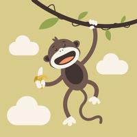 Illustration vector graphic cartoon character of cute monkey in flat kawaii doodle style hanging from a branch, eating a banana. Suitable for children book, kids t-shirt and merchandise, etc.