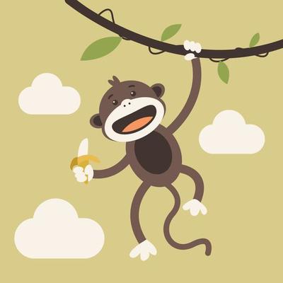 Illustration vector graphic cartoon character of cute monkey in flat kawaii  doodle style hanging from a branch, eating a banana. Suitable for children  book, kids t-shirt and merchandise, etc. 9669010 Vector Art