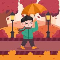 Men Walking in Fallen Leaves with Umbrella vector