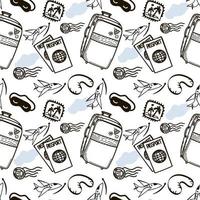 Seamless pattern of travel items, hand-drawn in sketch style. Large suitcase, stamp with palm trees, passports, sleep mask and neck pillow. Luggage. Airplane. Sketch vector