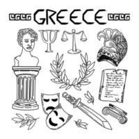 Set of ancient elements of Ancient Greece and Rome, hand-painted in sketch style. Perseus head, laurel wreath, statues, sword, Ionic and Doric order columns. Gifts of the Gods. Mythology vector