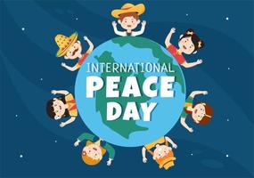 International Peace Day Cartoon Illustration with Hands, Cute Children, Globe and Blue Sky to Create Prosperous in the World in Flat Style Design vector