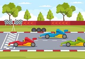 Fórmula de carreras de autos deportivos alcanzan en el circuito de carreras la ilustración de dibujos animados de la línea de meta para ganar el campeonato en un diseño de estilo plano