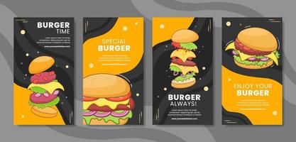 Burger Social Media Stories Template Flat Cartoon Background Vector Illustration