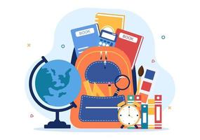 Stationery Set with Globe, Backpack, Book, Notebook, Ruler, Pencil, Pen, Calculator, Magnifying Glass or Scissors in Flat Cartoon Illustration vector