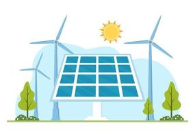 instalación de energía solar, mantenimiento de paneles o turbinas eólicas con equipo de servicio a domicilio para el funcionamiento de la red eléctrica en la ilustración de dibujos animados