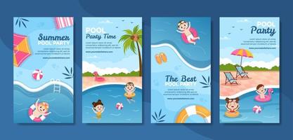 Summer Pool Party Social Media Stories Template Cartoon Background Vector Illustration