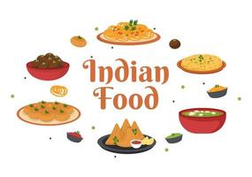 ilustración de dibujos animados de comida india con varias colecciones de deliciosos platos de cocina tradicional en un diseño de estilo plano vector