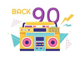 Ilustración de fondo de dibujos animados de fiesta retro de los 90 con música de los 90, zapatillas de deporte, radio, tiempo de baile y casete de cinta en un diseño moderno de estilo plano vector