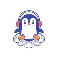 lindo pingüino con auriculares y sentado en la nube vector