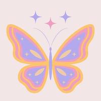 Groovy butterfly print for graphic tee. Retro 70s 60s hippie vector illustration on a beige background