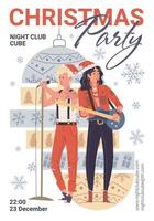 Vector cartoon flat characters singing,plays guitar,Christmas party flyer social media post concept,web banner stories,night club poster ad on christmas ball,snowflakes background