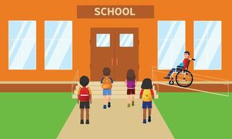 Inclusiveness children. a schoolboy goes to school in a wheelchair. Group of schoolchildren mix race on foot schoolchildren from the smallest students elementary flat vector illustrations back view