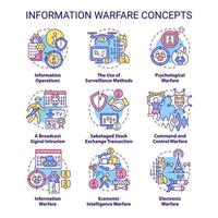 Information warfare concept icons set. Mislead adversaries. Strategy and tactic idea thin line color illustrations. Isolated symbols. Editable stroke. vector
