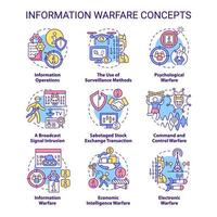 conjunto de iconos de concepto de guerra de información. engañar a los adversarios. estrategia e idea táctica ilustraciones en color de línea delgada. símbolos aislados. trazo editable. vector