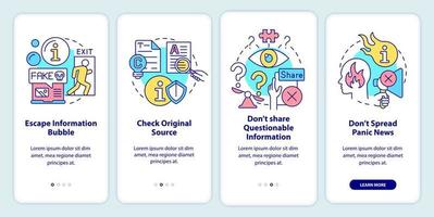 Fighting misinformation onboarding mobile app screen. Walkthrough 4 steps graphic instructions pages with linear concepts. UI, UX, GUI template. vector