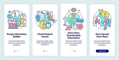 combatir la desinformación al incorporar la pantalla de la aplicación móvil. tutorial 4 pasos páginas de instrucciones gráficas con conceptos lineales. interfaz de usuario, ux, plantilla de interfaz gráfica de usuario. vector