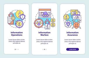 Basic definitions onboarding mobile app screen. Information warfare walkthrough 3 steps graphic instructions pages with linear concepts. UI, UX, GUI template. vector