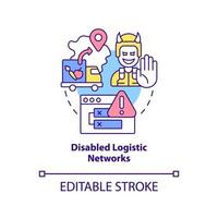 Disabled logistic networks concept icon. Form of information warfare abstract idea thin line illustration. Isolated outline drawing. Editable stroke. vector