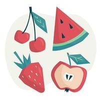 Summer fruits and berries. Apple, vrbuz, cherry, strawberry. Vector image.