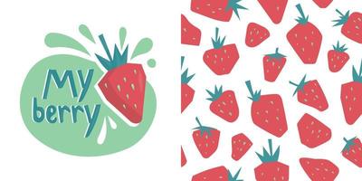 Summer fruits and berries. Strawberry. Seamless pattern from strawberries. Strawberry print and lettering. Vector image.