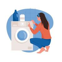 Household chores. The girl is doing household chores. Washing clothes in a washing machine. Housewife woman. Vector image.