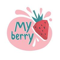 Summer fruits and berries. Strawberry print and lettering. Vector image.