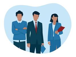 Business people. Woman and man in business suits. A representative-looking girl holds a folder in her hands. The boy folded his arms across his chest. Office staff. Vector image.
